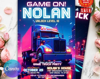 Video Game Truck Birthday Invitation, Neon Gamer Truck Party Invite, Gaming Bus Birthday Invitation, Gaming Truck Invite, Truck Editable