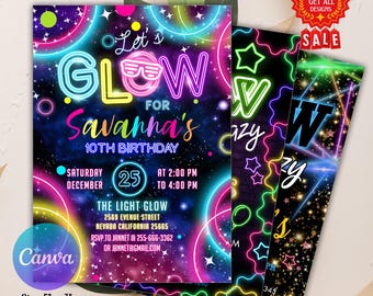 Editable Glow Party Birthday Invitation, Glow Invitation, Glow Crazy Birthday Invitation, Glow Birthday Invite, Glow Birthday Invitation