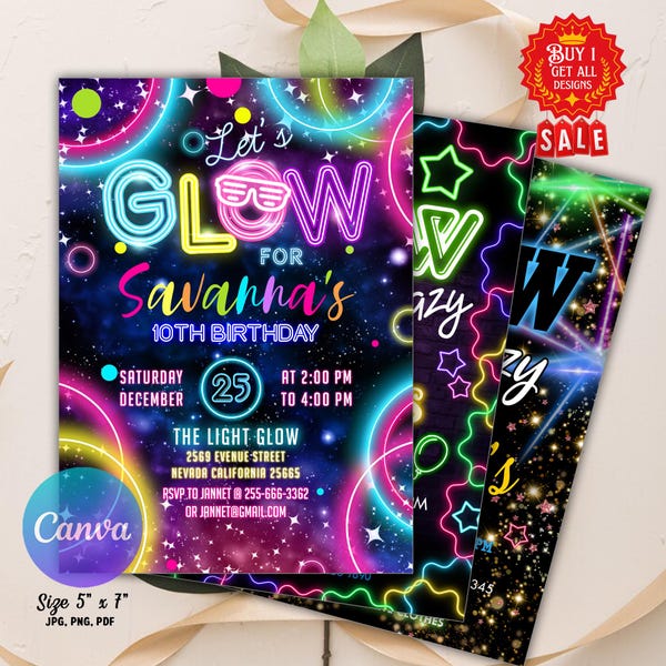 Editable Glow Party Birthday Invitation, Glow Invitation, Glow Crazy Birthday Invitation, Glow Birthday Invite, Glow Birthday Invitation