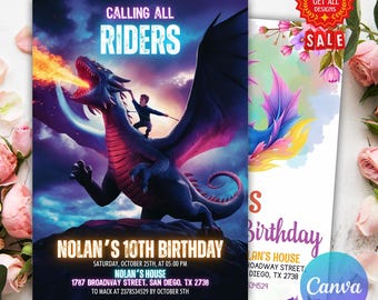 Fantasy Dragon Birthday Invitation Template, Boy Dragon Birthday Party Invitation, Magical Creatures Birthday Party, Editable Canva Template