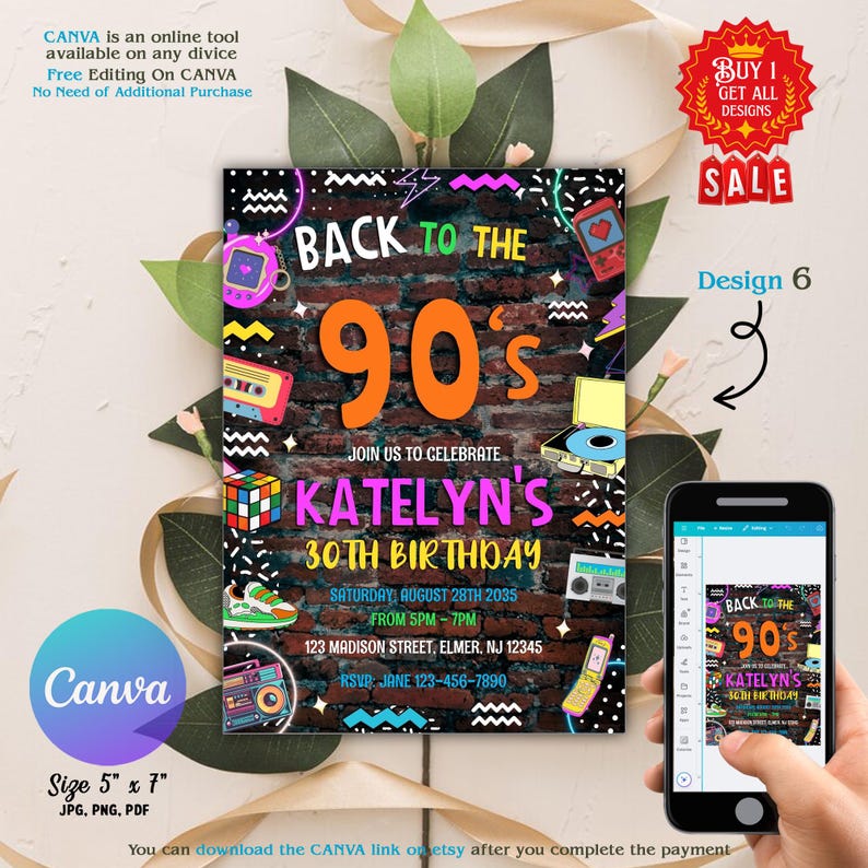 Editable Back to the 90s Birthday Invitation, 90s Digital Invitation ...