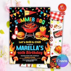 May include: A black invitation card with a summer BBQ theme. The card features a red grill with sausages, burgers, and fries. Text includes "SUMMER BBQ" and "MARELLA'S 10th Birthday". A smaller card shows food illustrations and the word "SALE".