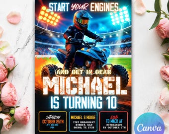 ATV誕生日招待状、年齢編集可能、クワッドバイクパーティー招待状、編集可能なテンプレート、印刷可能な誕生日カード、デジタルテキスト招待状、即時ダウンロード