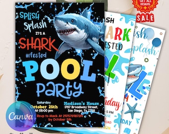 Puede incluir: Un conjunto de tres invitaciones para una fiesta temática de tiburones. La invitación principal presenta una ilustración de tiburón y el texto "Shark Infested Pool Party". Las invitaciones miden 12,7 cm x 17,8 cm e incluyen detalles del evento.