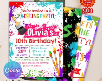 Invitación editable para fiesta de arte, pintura, cumpleaños, manualidades para niñas en rosa, arte femenino, manualidades para fiestas, arte para fiestas, descarga instantánea