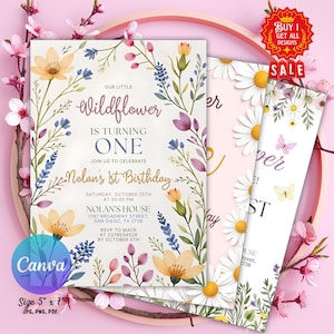 Convite floral editável para 1º aniversário, modelo de convite para festa de aniversário com flores silvestres, festa no jardim, cartão de aniversário para meninas com flores silvestres