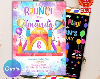 May include: Colorful birthday party invitation with a bouncy castle graphic. The invitation includes the text "Let's Bounce & Play Amanda is turning 6". The invitation is 5" x 7" and includes event details.
