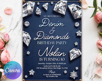 Denim and Diamonds Birthday invitation, Denim and Diamonds Party Invite, Denim Birthday Dinner Invites, Luxury invitation, Editable Canva