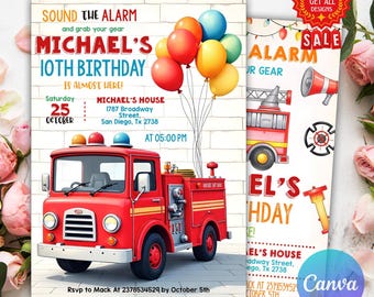 Feuerwehrauto-Geburtstagseinladung, Feuerwehrauto-Einladung, Feuerwehrmann-Geburtstags- druckbare digitale, bearbeitbare Canva-Vorlage