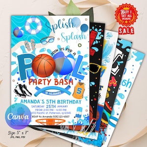 May include: A stack of pool party invitations with a blue and orange theme. The main invitation features a basketball, beach ball, and the text "Pool Party Bash". Additional cards show water splashes and sunglasses. The size is 5" x 7".