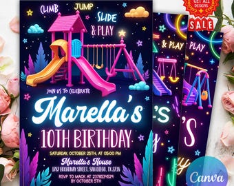 Invitación de cumpleaños para parque infantil, parque infantil interior, plantilla de invitación para fiesta de gimnasio en la jungla, área de juegos para escalar, fiesta al aire libre, Canva editable