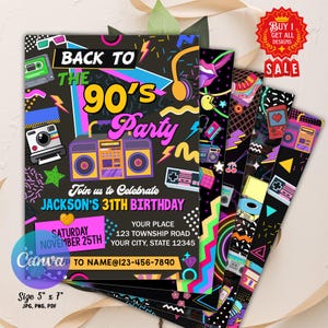 Editable 90s Birthday Party Invitation, Back to the 90s Neon Party Glow Dance Disco 2000s Birthday 90s Invitation Party, CANVA