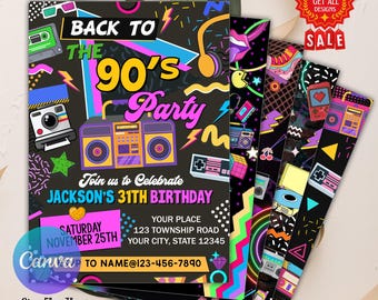 Editable 90s Birthday Party Invitation, Back to the 90s Neon Party Glow Dance Disco 2000s Birthday 90s Invitation Party, CANVA