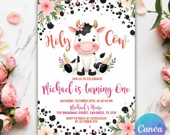 Holy Cow Birthday Invitation, Cowgirl Invitation, Holy Cow Girl 1st Birthday Invite, Holly Cow Invitation, Digital Art, Birthday Invitation