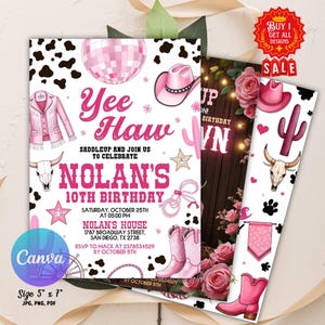 Pink Cowgirl Birthday Invitation, Country Western Invite, Cowgirl Hoedown Birthday Party Invite, Glam Invite, Cowgirl Editable Canva