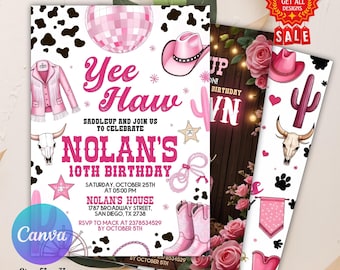Pink Cowgirl Birthday Invitation, Country Western Invite, Cowgirl Hoedown Birthday Party Invite, Glam Invite, Cowgirl Editable Canva