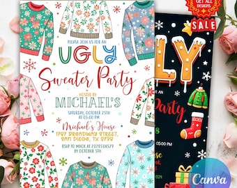 May include: A digital invitation for an Ugly Sweater Party featuring colourful patterned jumpers, snowflakes, and text including "Please join us for an Ugly Sweater Party," "Hosted by Michael's," and event details like the date, time, and address.