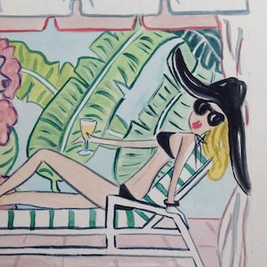 NEW California Vogue Poolside | The Beverly Hills Hotel Print of Watercolor | Hollywood California banana trees art pink tropical art poodle