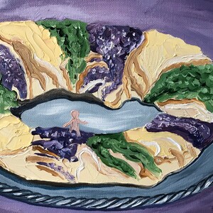 Roscón de Reyes de Mardi Gras / Impresión impresionista de 8 x 10 pulgadas, cocina de Luisiana, comida, naturaleza muerta, restaurante, arte del Barrio Francés de Nueva Orleans