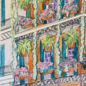 Giardino sul balcone / Dipinto con tecnica mista firmato / Dipingere con pastelli a cera, penna e inchiostro / Cestini di fiori e felci nel quartiere francese di New Orleans, Louisiana