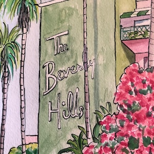 The Beverly Hills Hotel VIII | 11 x 14 Signed Watercolor Print | celebrity Hollywood California Los Angeles tropical pink green palm trees