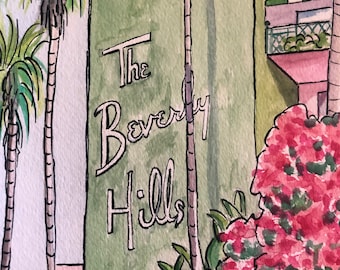 The Beverly Hills Hotel VIII | 11 x 14 Signed Watercolor Print | celebrity Hollywood California Los Angeles tropical pink green palm trees