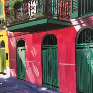 May include: A painting of a row of colorful buildings with green doors and windows. The buildings are painted in shades of yellow, red, and green. The doors are arched and have a traditional design. The windows are small and rectangular. The painting is done in a realistic style.