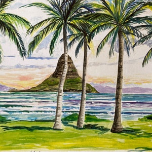 Chinaman’s Hat | 11 x 14 Signed print of Watercolor | Oahu Hawaii Beach palm trees art pink tropical seascape