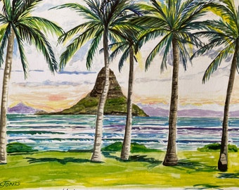 Chinaman’s Hat | 11 x 14 Signed print of Watercolor | Oahu Hawaii Beach palm trees art pink tropical seascape