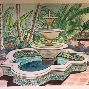 Fountain at Coconut Grove | PRINT of Watercolor and Pen & Ink by Louisiana Artist Kristi Jones | Miami Florida Mexican tile pond palm tree