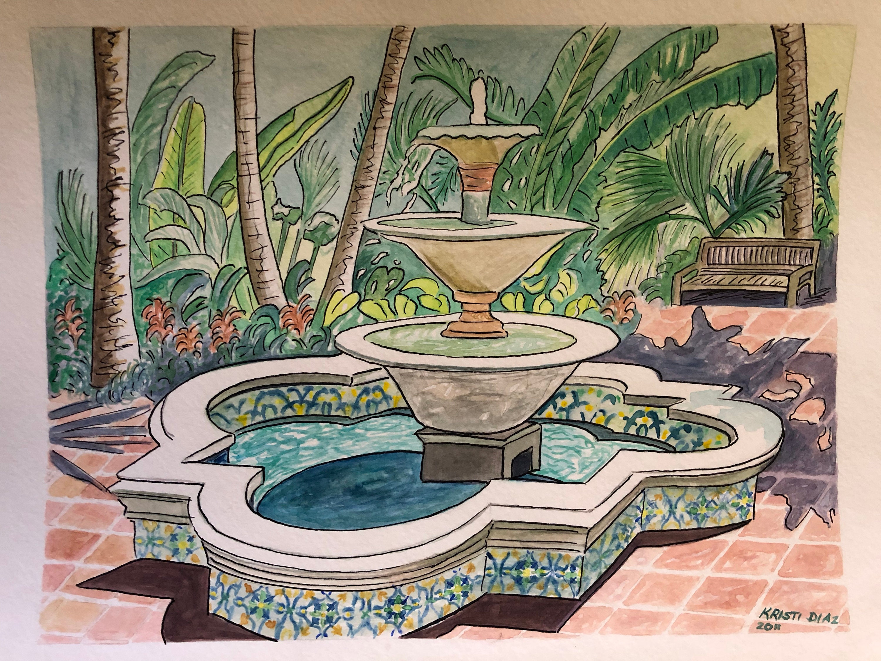 絵画 water fountain Fountain at Coconut Grove | PRINT of Watercolor and Pen & Ink by