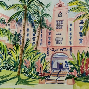 El Royal Hawaiian Hotel / Impresión de 8 x 10 de una pintura de acuarela / Honolulu, Hawái, Waikiki Beach, hotel, hojas de plátano, arte, rosa tropical