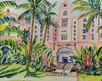 The Royal Hawaiian Hotel | 20 x 27 Print of a Watercolor Painting |  Honolulu Hawaii Waikiki Beach hotel banana leaves art pink tropical