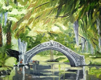 May include: A painting of a stone bridge over a pond in a lush green forest. The bridge is arched and has a rough texture. The pond is surrounded by trees and foliage. The painting is done in a realistic style with a focus on the natural beauty of the scene.