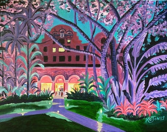 The Royal Hawaiian Hotel at Night | 11 x 14 Signed print of Watercolor |  Honolulu Hawaii Waikiki Beach hotel palm trees art pink tropical