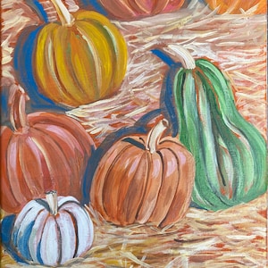 Autumn Pumpkins | 11 x 14 impressionist art PRINT | multicolored pumpkins on hay | Louisiana farm southern rural agricultural country art