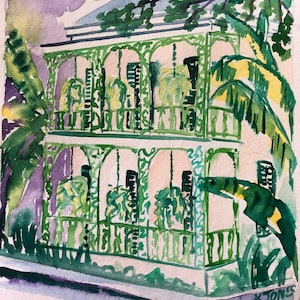 Lace Balcony | 3 tamanhos disponíveis | Impressão assinada aquarela Pintura French Quarter Nova Orleans Louisiana arte de bananeira tropical rosa