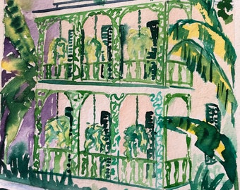 Lace Balcony | 3 sizes available | Signed Print watercolor Painting French Quarter New Orleans Louisiana tropical banana tree art pink