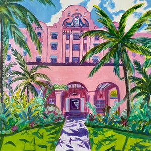 May include: A painting depicting a pink building with palm trees in front. The building has a large arched entrance and a clock tower. The palm trees are green and lush. The painting is in a realistic style.