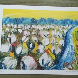 Van Gogh Cotton, 8 x 10 inch art print, cotton field, blue and yellow impressionist art cotton field art farm house decor