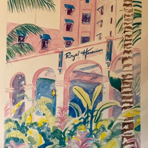 The Royal Hawaiian Hotel | 9 x 12 Signed print of Watercolor |  Honolulu Hawaii Waikiki Beach hotel palm trees art pink tropical