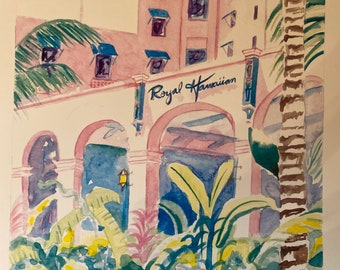 The Royal Hawaiian Hotel | 9 x 12 inch Signed print of Watercolor |  Honolulu Hawaii Waikiki Beach hotel palm trees art pink tropical