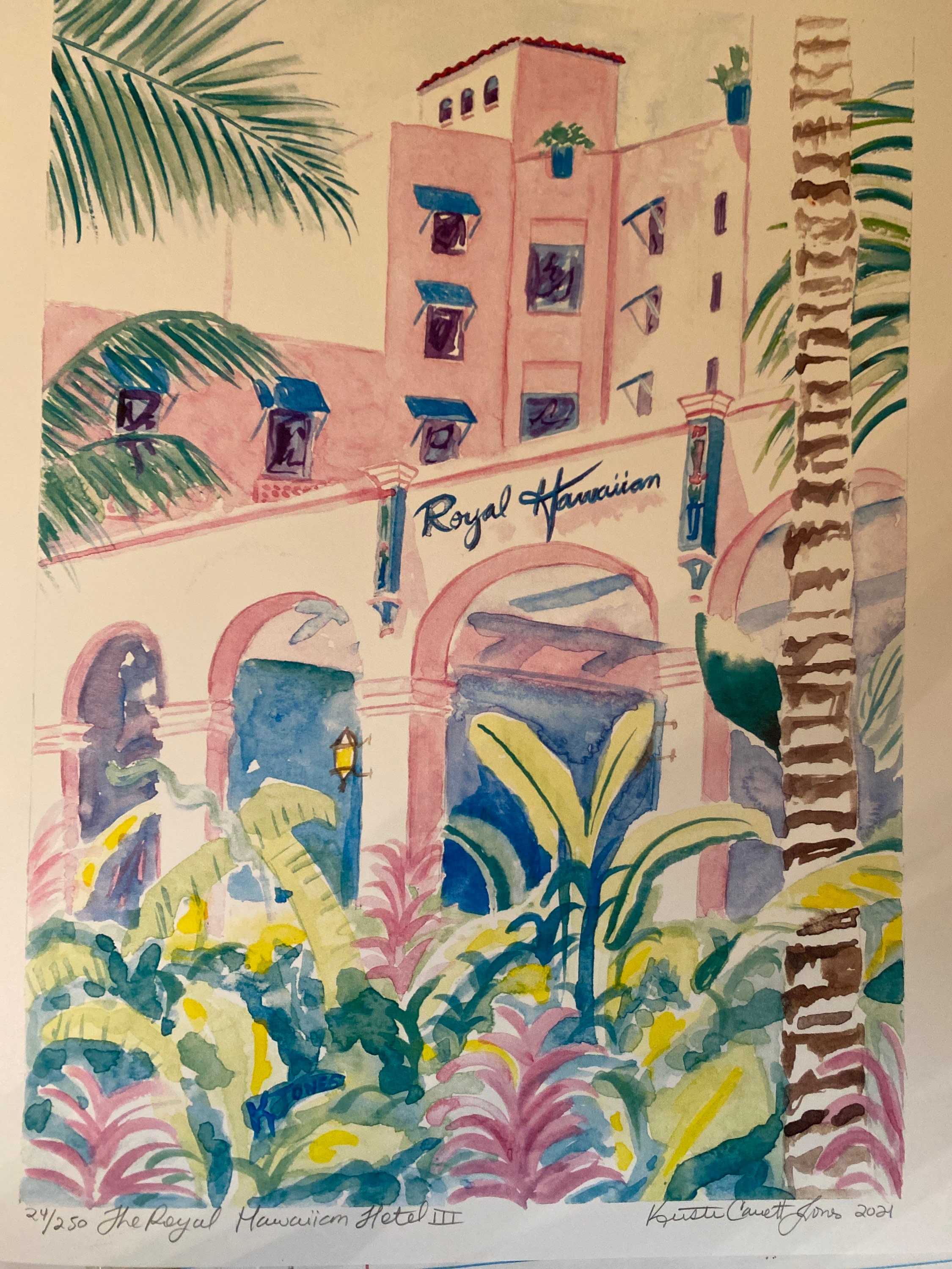 ロイヤルハワイアンホテル | 9 x 12インチ 水彩画のサイン入りプリント
