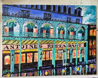 May include: A painting of a restaurant called Antoine's Restaurant. The building is painted in a vibrant style with a teal green awning and yellow trim. The windows are lit up with warm yellow light. The painting is done in a style reminiscent of New Orleans.