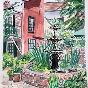 Hotel Maison De Ville / Dipinto con tecnica mista firmato e incorniciato / Acquerello, penna e inchiostro / Cortile del quartiere francese di New Orleans, Louisiana