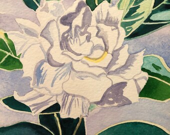 クチナシ | 署名入り水彩画 | 白い南部の花、花柄、ルイジアナアート