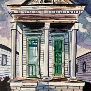 Griezelig jachtgeweer | Origineel aquarelschilderij | Kunstenaar Kristi Jones uit Louisiana | architectuur met jachtgeweerhuis | Huis in New Orleans