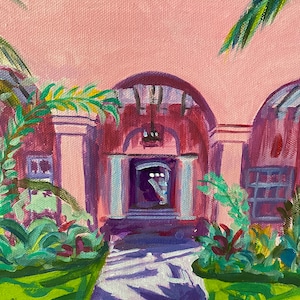 May include: A painting depicting a pink building with a white path leading to a doorway. The building features a large arched doorway with a white door and a window above it. Green plants and trees flank the path.