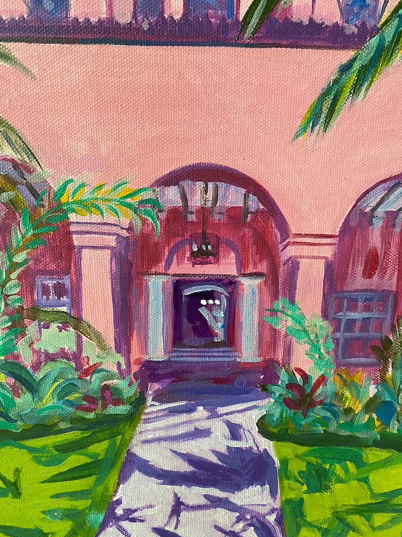 May include: A painting depicting a pink building with a white path leading to a doorway. The building features a large arched doorway with a white door and a window above it. Green plants and trees flank the path.