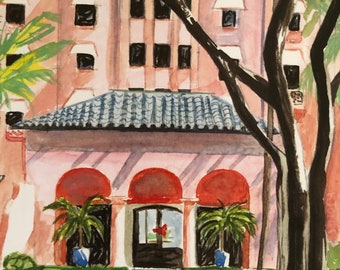 水彩画 　　ワイキキ　ロイヤルハワイアンホテル ロイヤルハワイアンホテル | 11 x 14 水彩画のサイン入りプリント